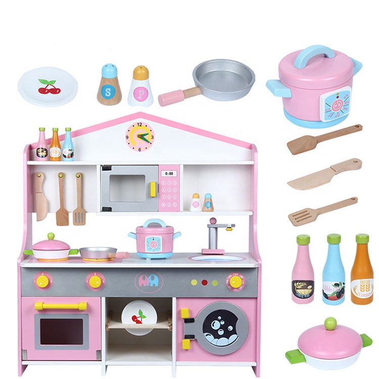 wholesale children pink stove intelligence educational kids wooden play kitchen sets 