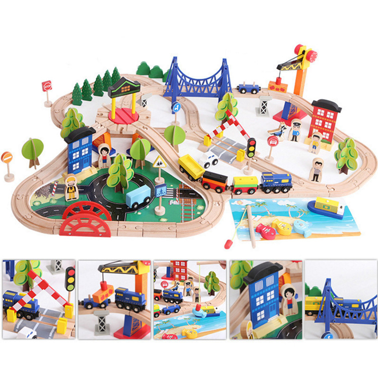 Wooden Track Train Set Toy Railway Magic Transportation DIY Assembling Toys