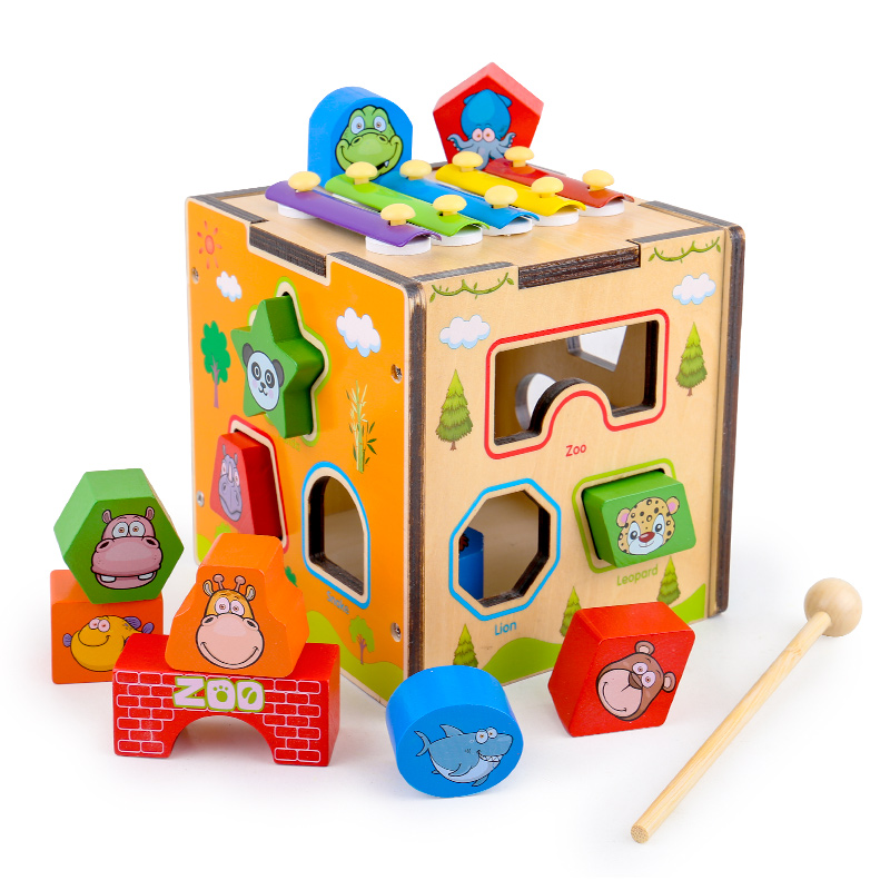 Wooden Cartoon colorful Intelligence Box Building Block Geometric Shape Matching Toy for Kids 